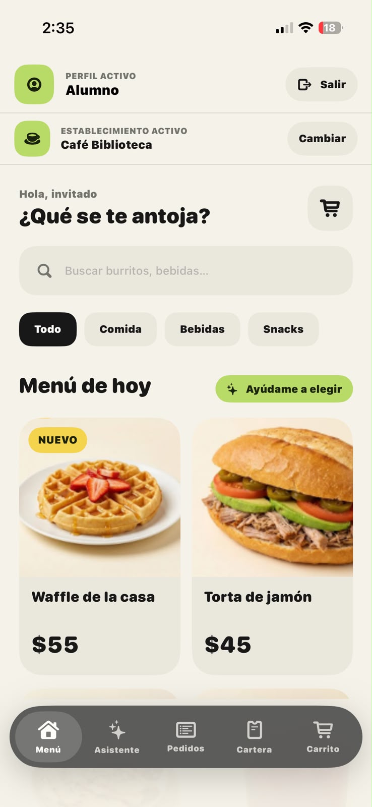 Pantalla de inicio de la app Vaiinilla con el menú del día
